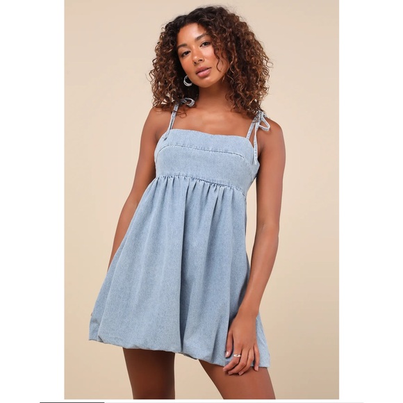 Lulus Dresses & Skirts - Lulus Charmed Aura Light Wash Blue Denim Tie-Strap Bubble Hem Mini Dress NWT Med